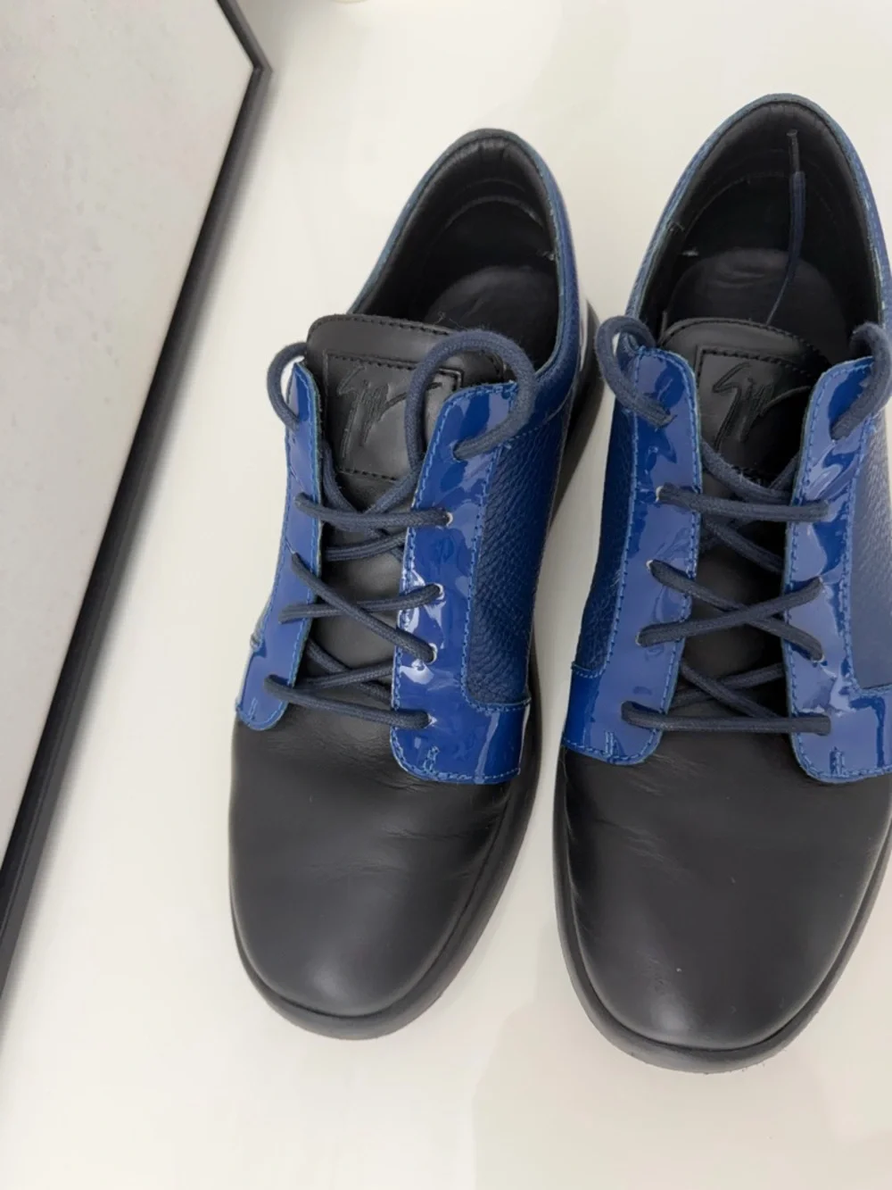 Giuseppe Zanotti Black and Blue Leather Lace-Up Sneakers - Picture 1 of 5